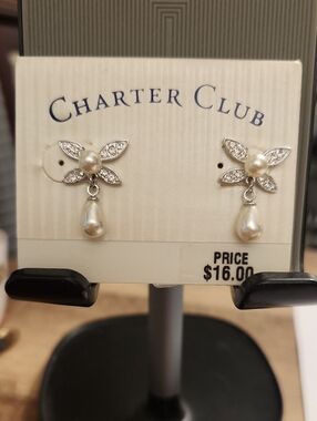 Charter Club Silver Floral Pearl Drop Earrings Vintage